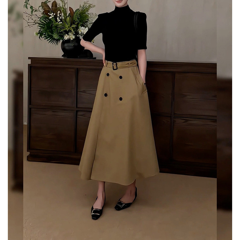 2026 Autumn New High-End British Style Double-Breasted A-Line Skirt + Black High-Neck Slimming Top Two-Piece Set for Women 2026 Autumn New High-End British Style Double-Breasted A-Line Skirt + Black High-Neck Slimming Top Two-Piece Set for Women