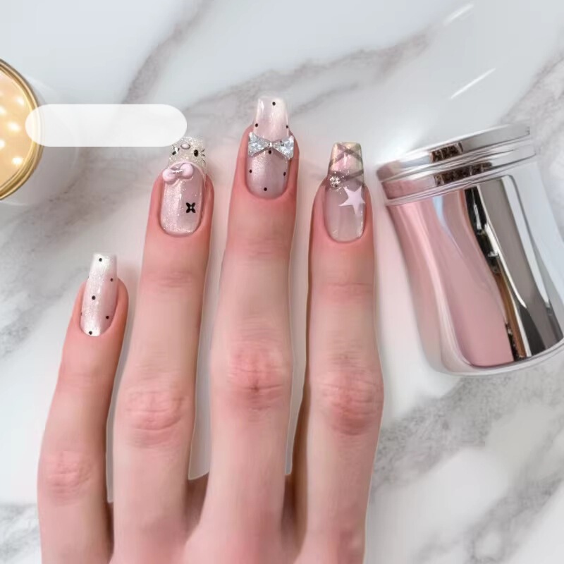 Handmade Wearable Nails Mid-Length Kt Cartoon Cute Style Whitening Removable Fingernail Stickers Cat Eye Polka Dot French Style