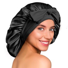 新品 弹力飘带蝴蝶结真丝圆帽纯色真丝睡帽宽边美容美发头巾帽