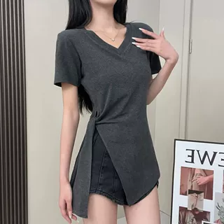 大码设计感不规则绑带V领短袖t恤女夏季2026新款修身显瘦时尚上衣