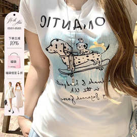 安妮不火 氣水海盐番甜酷斑点狗印花T恤女夏微胖大码收腰短袖上衣