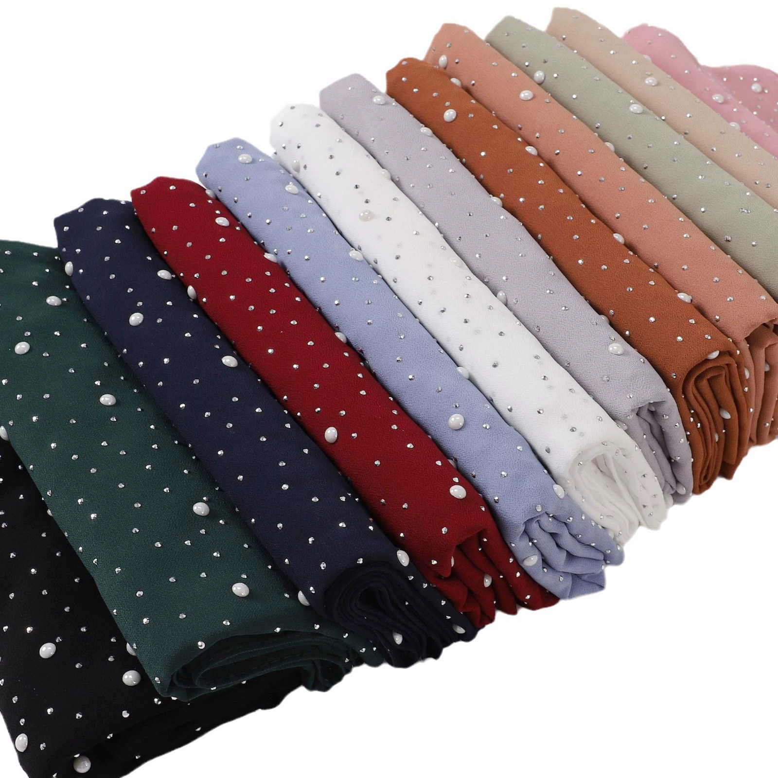 [跨境新款珍珠雪纺陶瓷满天星钻长巾回族纱巾中东马来包头巾 hijab]