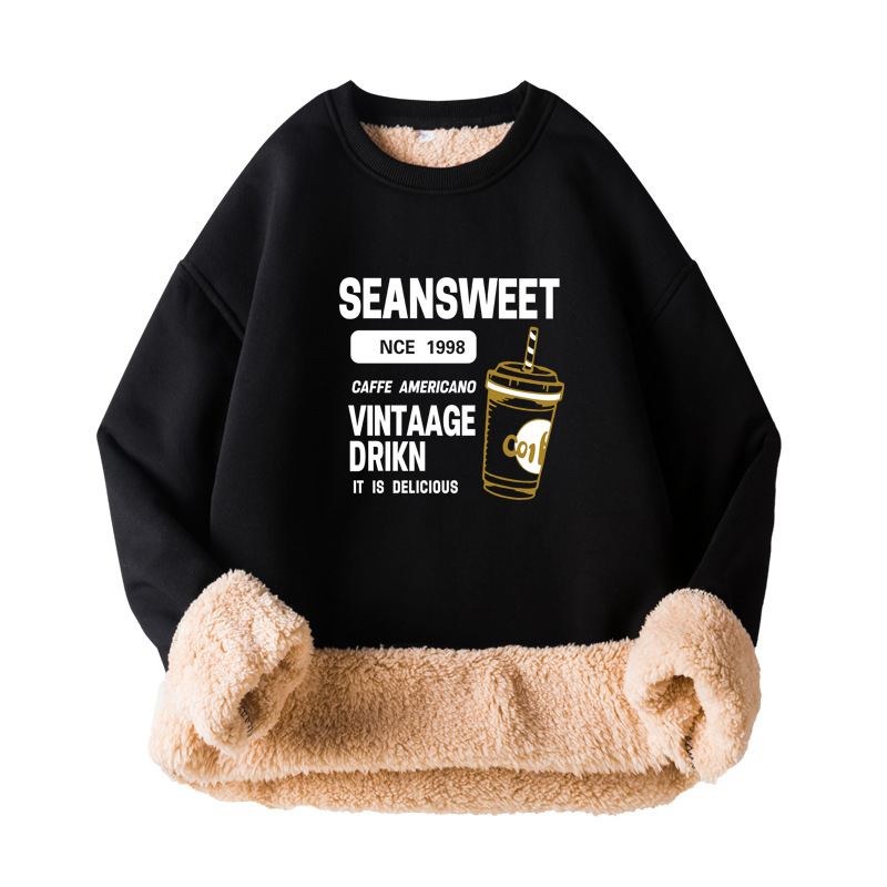 秋冬新款加绒加厚卫衣男美式高街潮牌羊羔绒圆领套头上衣宽松休闲