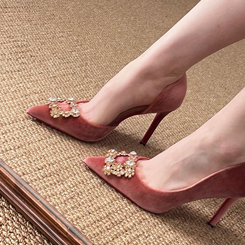 [in Stock] 2026 Spring and Autumn New Pink Velvet High Heels for Women, Elegant Socialite Style, Pointed Toe, Rhinestone Stiletto Pumps