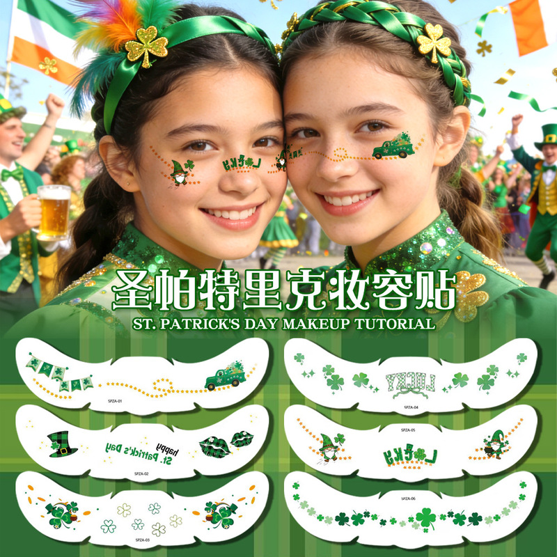 St. Patrick's Day Shamrock Hat Tattoo Sticker Irish Flag Festival Event Temporary Face Makeup Sticker