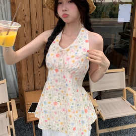 2025年夏季新款法式复古碎花背心女夏季设计感小众修身后背绑带