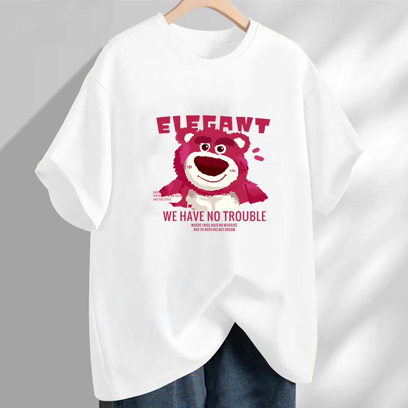 Strawberry Bear impresión versátil comercio exterior ins2026 camiseta de cuello redondo de manga corta camiseta casuales blanco T pareja