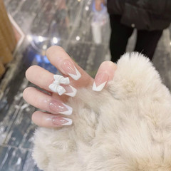 B241 Romantic French Trapezoid Nail Band with Butterfly Decoration, Photos Show Off-Pale Wearable Nail Art Sticker