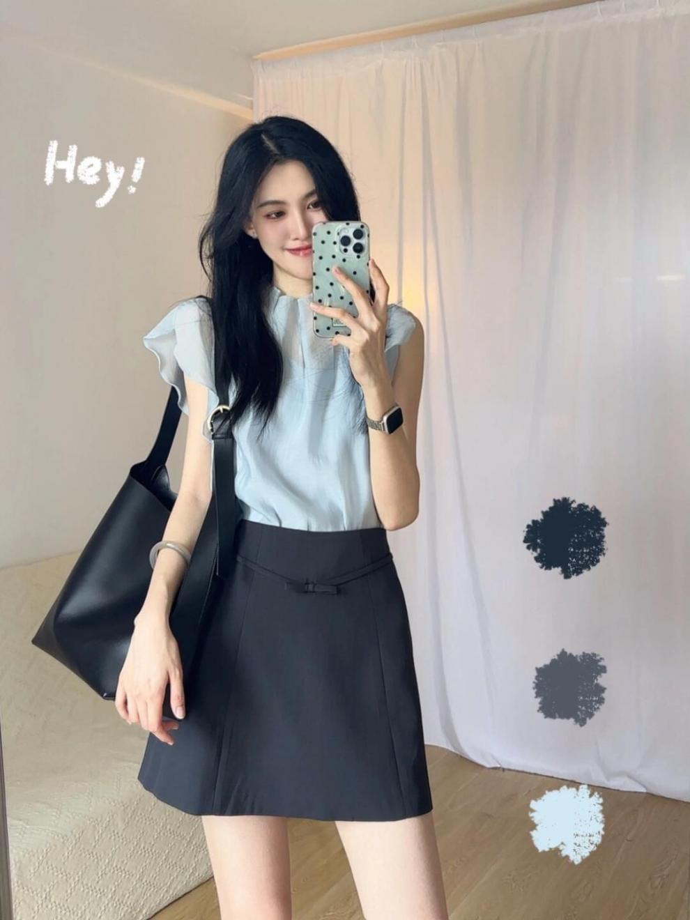 Áo voan nữ tay bay xếp diềm cổ điển Pháp — Váy ngắn nơ đen chi tiết 9