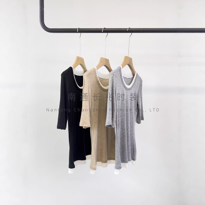 J Soft Scoop-Neck T-Shirt with Lyocell Wool, Mid-Sleeve, High Elasticity, Thin Base Layer, Regular Shoulder, Summer Top for Women