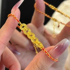 金色新中式碎碎冰五帝钱红绳手链女招财轻奢小众精致编织手绳国风
