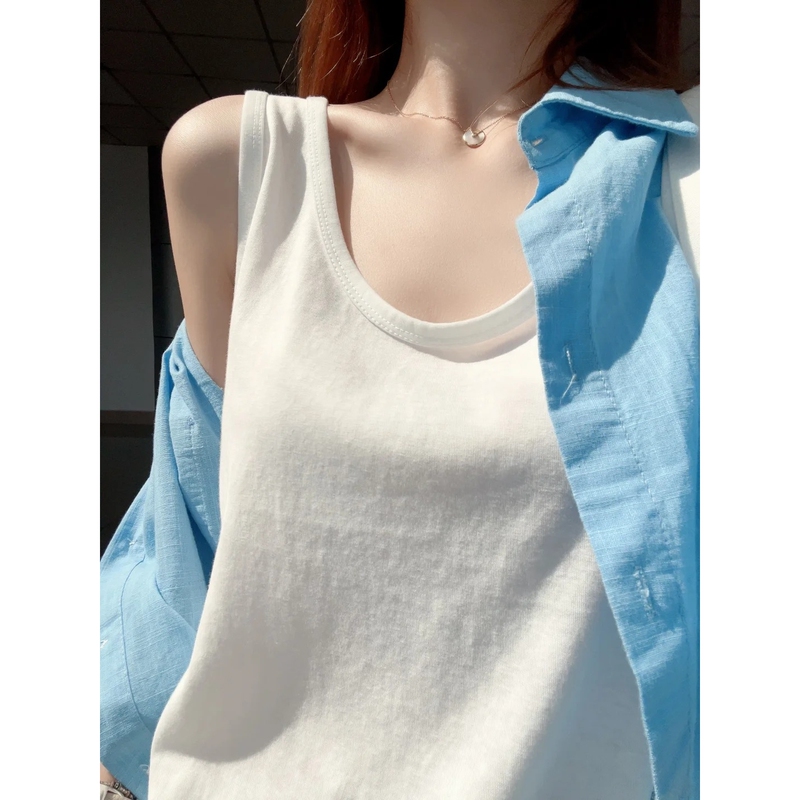 Solid Color Basic Large Size Versatile Sleeveless Top for Women, Summer Wide Shoulder Strap Inner Wear, Snowflake Cotton Slimming Tank Top