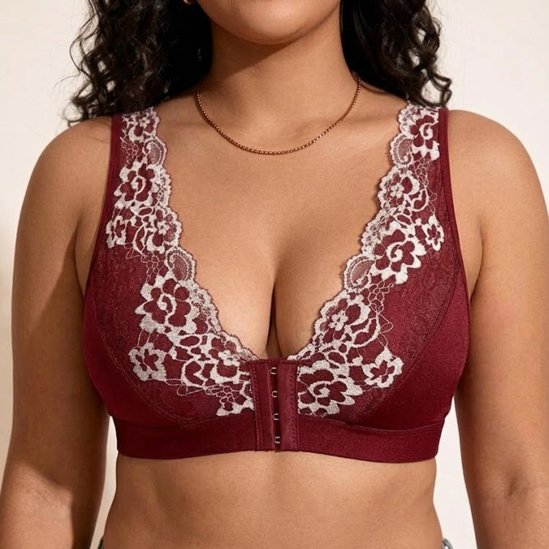Cross-Border Sports Bra with Front Closure, Sexy Lace Bra for Women, Wireless Wide Shoulder Strap Tank Top Style Plus Size Bra
