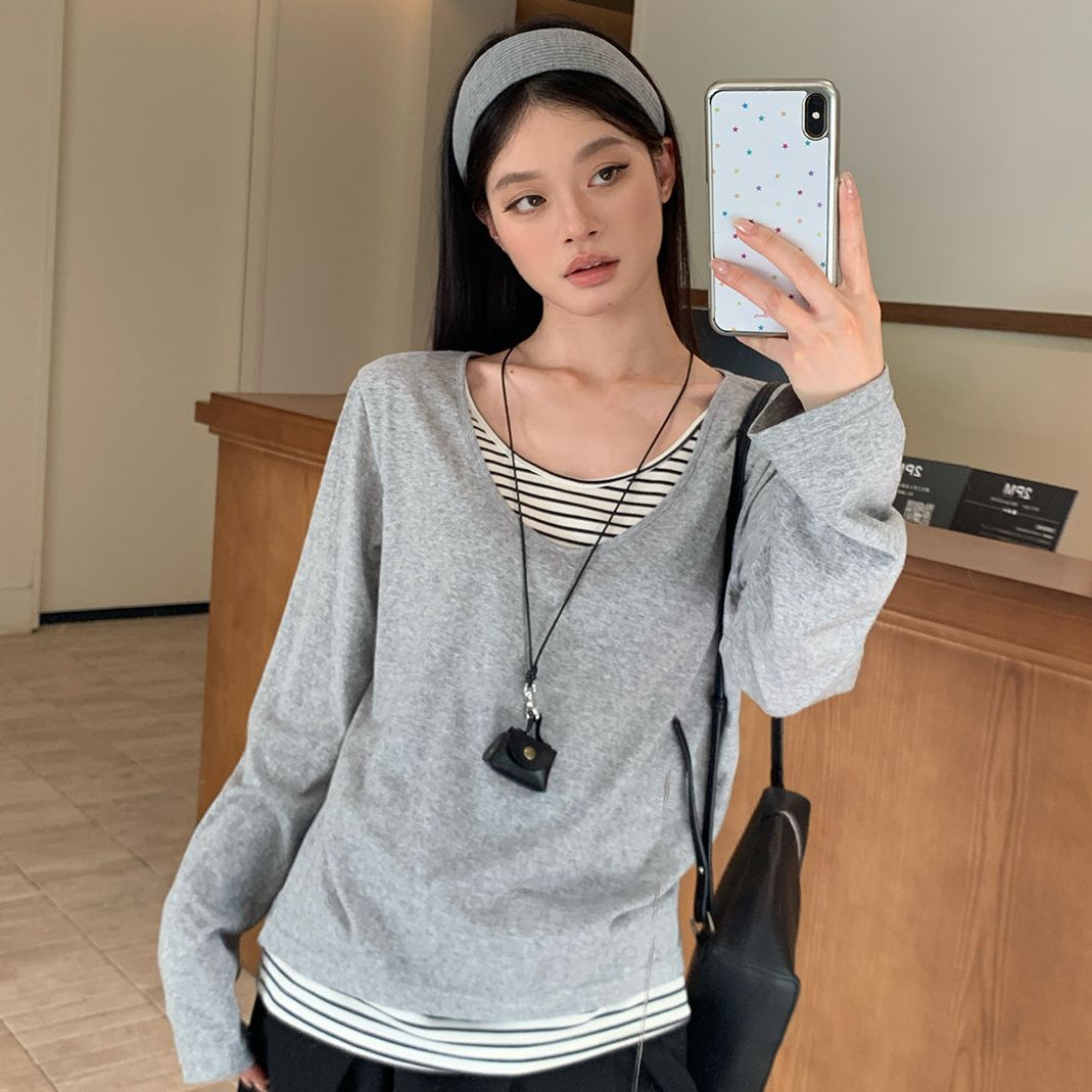 Song Jeong-eun's white striped faux two-piece long-sleeve t-shirt for women, autumn wear, Korean-style loose and casual pullover top