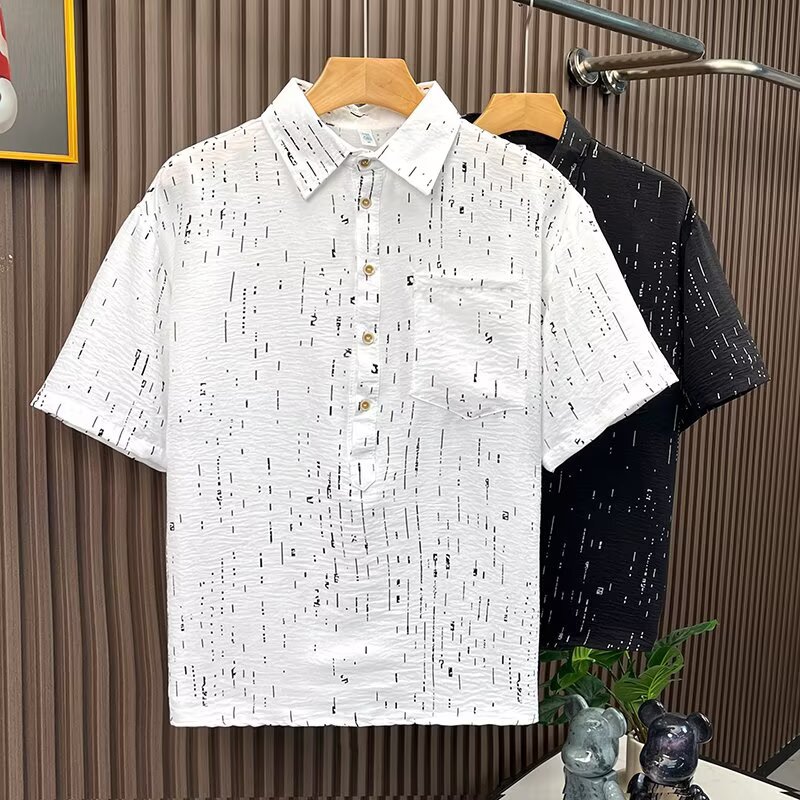 Camisa de impresión de moda transpirable de estilo fino de verano para hombre de polo retro japonés, diseño de manga corta, gypsophila