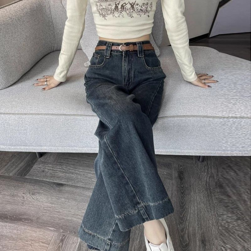 小个子八分阔腿牛仔裤女春秋2025新款高腰宽松显高显瘦九分直筒裤|undefined