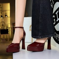 6862 European and American style sexy double-layer waterproof platform hollowed out super high heels with a straight buckle and patent leather pointed hollow sandals for women