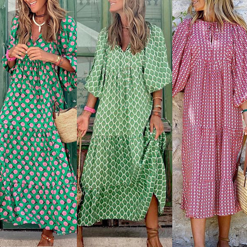 European and American Bohemian Lantern Sleeve Long Dress Printed Large Swing Foreign Trade Amazon Long dress Women's Wear
