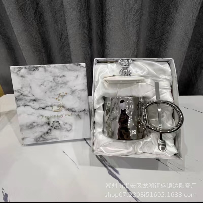インスタ风高级軽豪華セラミックカップ高颜値マグカップ盖付きスプーンオフィスコーヒーカップ高级感ギフト|undefined