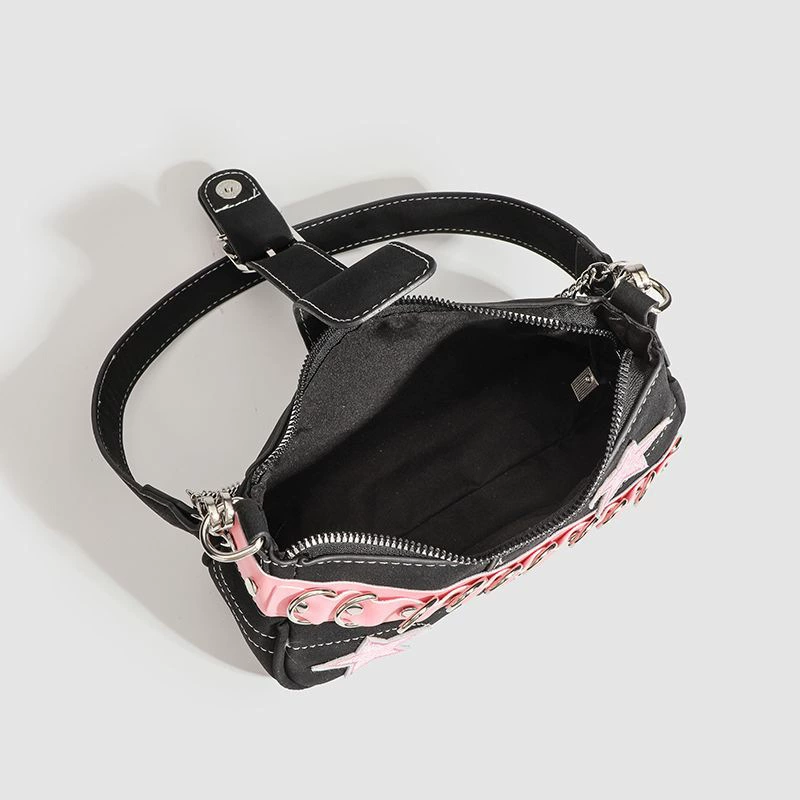 Поясная сумка-одна ручка с акцентной фуксией strap, черная мини-сумка подмышку, детали 2 карата
