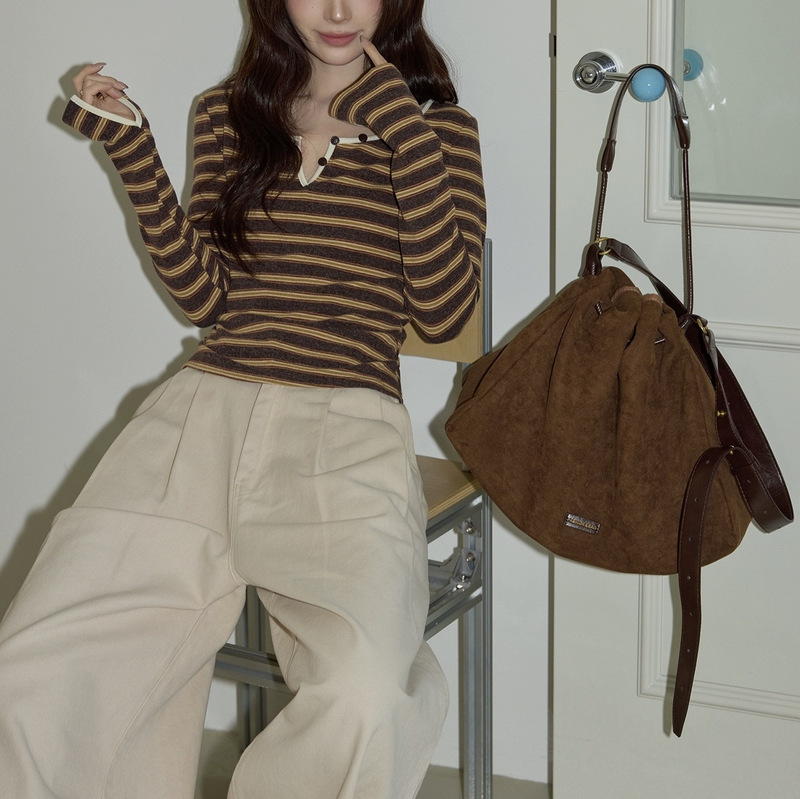 Bright yellow striped inner layer base shirt for women, 2026 autumn casual stylish slim-fit long-sleeve T-shirt top