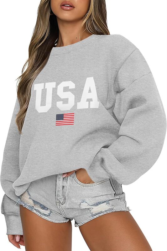 Micoson Women's Oversized American Pattern Letter Print Sweatshirts Round Neck Patriotic Fleece Pullover Top Winter