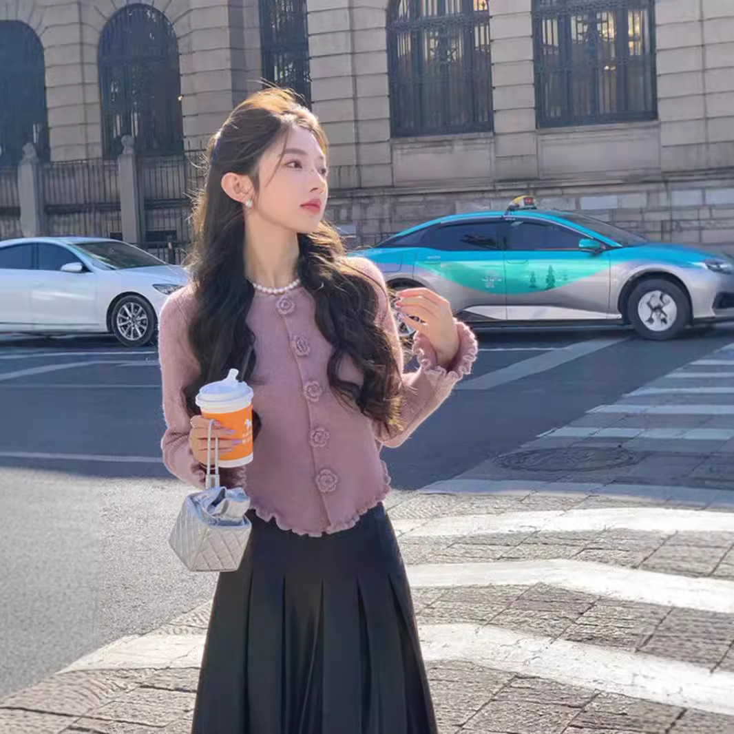 ChicShe ChicShe 2024 Cardigan lavorato a maglia color camelia viola per donna, stile coreano, inizio autunno, unico e bellissimo, cappotto corto versatile_voghion.com