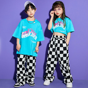 Children turquoise with white plaid hip hop street jazz dance costumes for boys girls go go dancers rapper singers hip hop dance outfits For kids