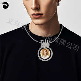 嘻哈铜镶钻锆石个性DIY嘻哈l镂空皇冠圆形照片吊坠重工嘻哈吊坠