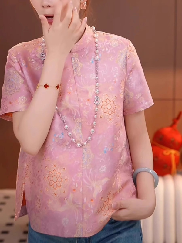 新しい中国風ピンク宋錦ジャカード半袖シャツ女性のための 2025 夏スタンドカラーボタンプリントショルダートップ|undefined