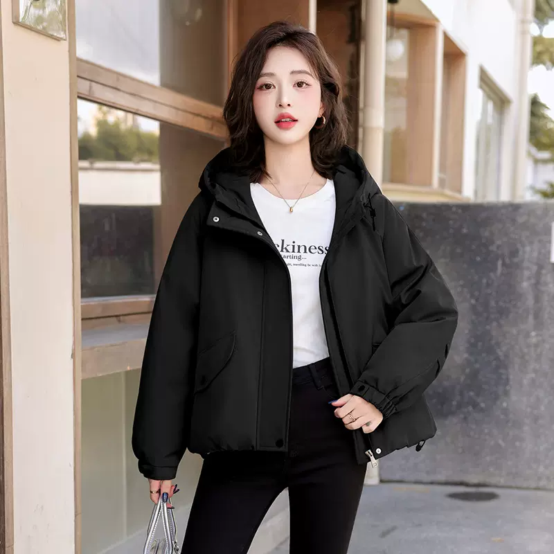 休闲棉服女款休闲风加绒韩版女连帽秋季防静电保暖加厚短棉服