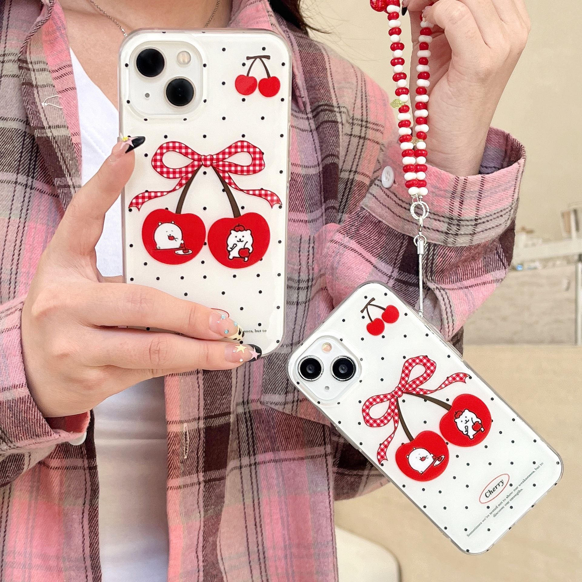 Simple lunares oso cereza para Apple 15ProMax funda para teléfono móvil 16Pro lindo 14/13 niña 16PM