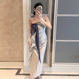 希腊古典拼色褶皱修身连衣裙露肩不规则设计感中长款油画拍照长裙