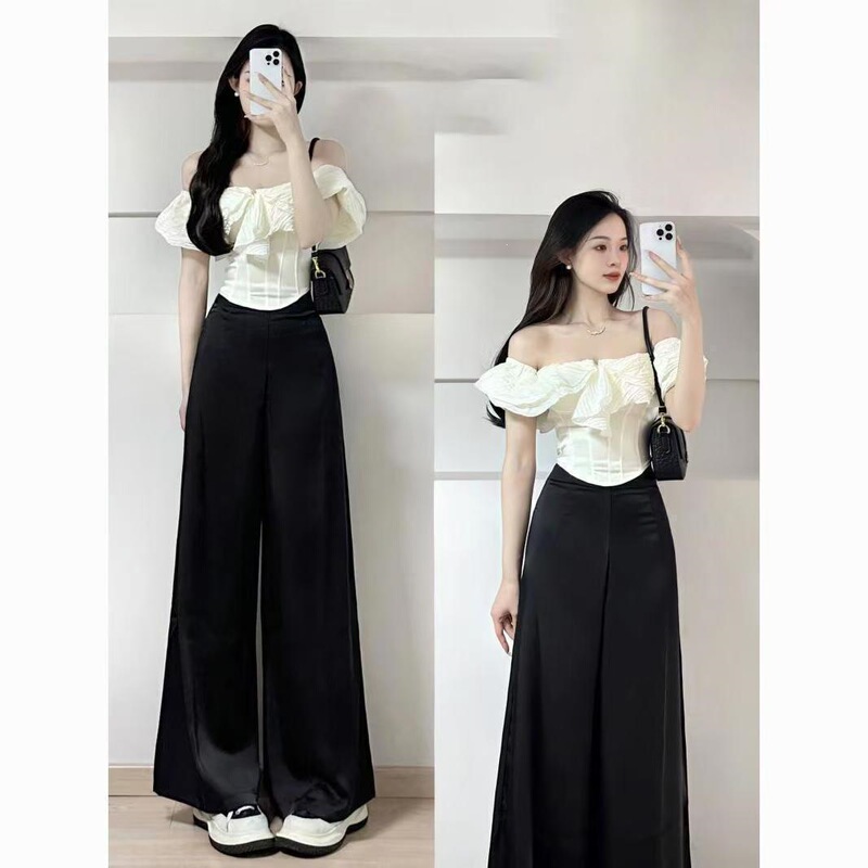 French-style off-shoulder shirt with ruffle shoulder design for summer, slim-fit, elegant, short, sweet, off-shoulder, non-stretch