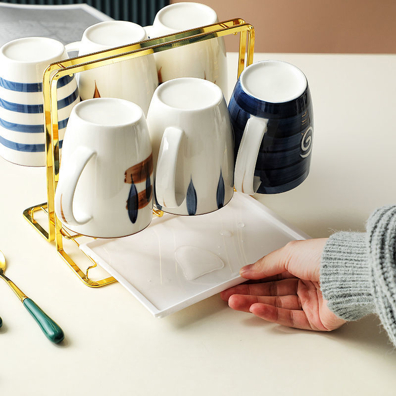 Creative Ceramic Cup Set of 6 Cups with Tray Ceramic Drinking Cup Mug Home Living Room Water Cup
