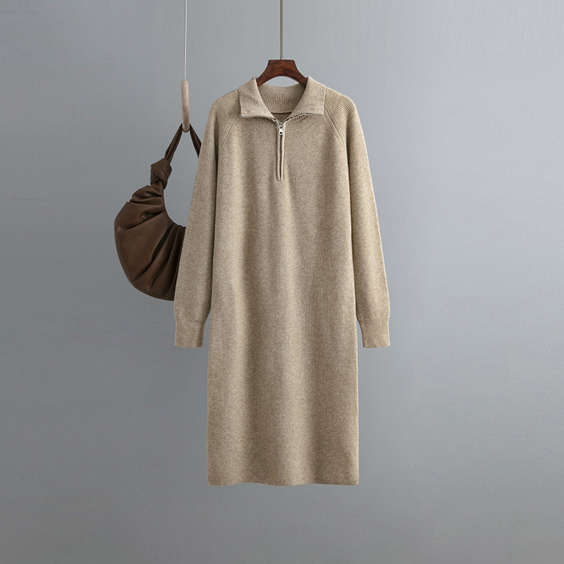 Knitted Dress Women Spring Autumn High Grade Idle Zipper Pullover Outerwear Overknee Sweater