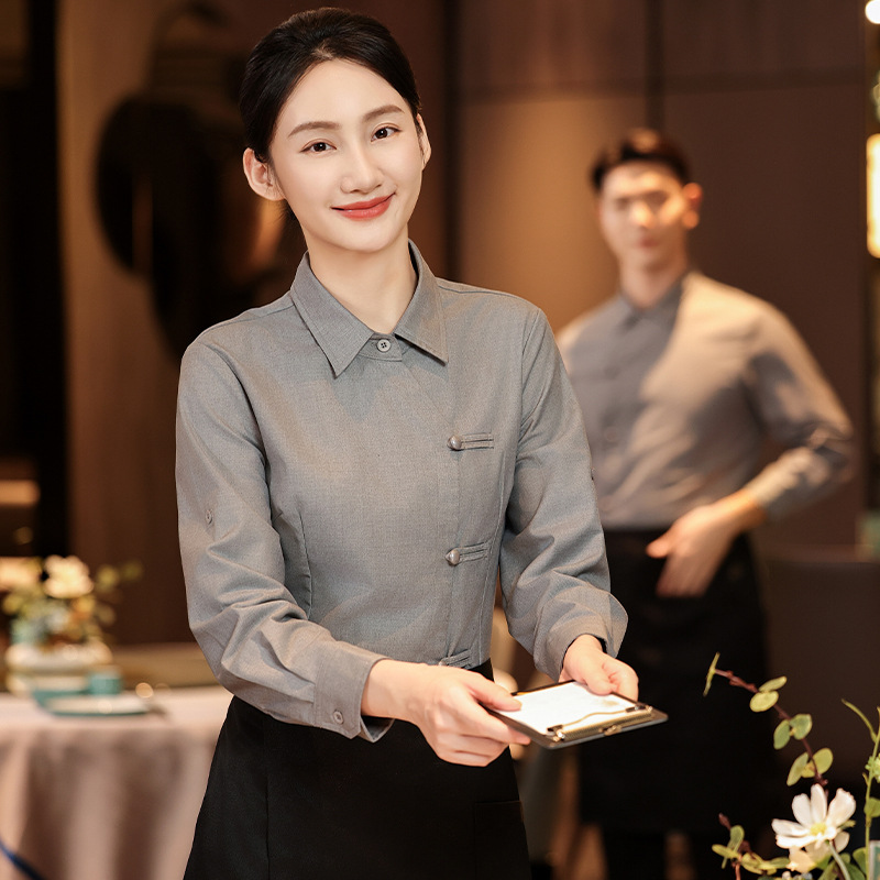 酒店工作服秋冬装餐厅咖啡奶茶店茶楼农家乐中式服务员衬衣长袖女