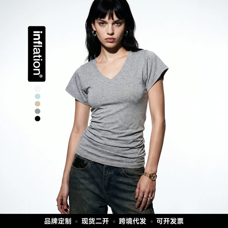 Jie Zhan Women's Clothing | Lyocell V-Neck Layered T-Shirt 2026 Summer New Product 7A Antibacterial Slim-Fit Short-Sleeve Top
