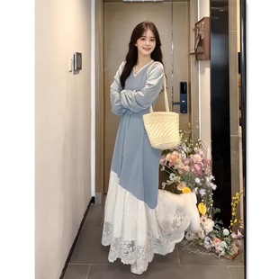 Pregnant Women Breastfeeding 2025 New French Splicing Fake Two-Piece Lace Age-Reducing Dress Southeast Asian Long Sleeves