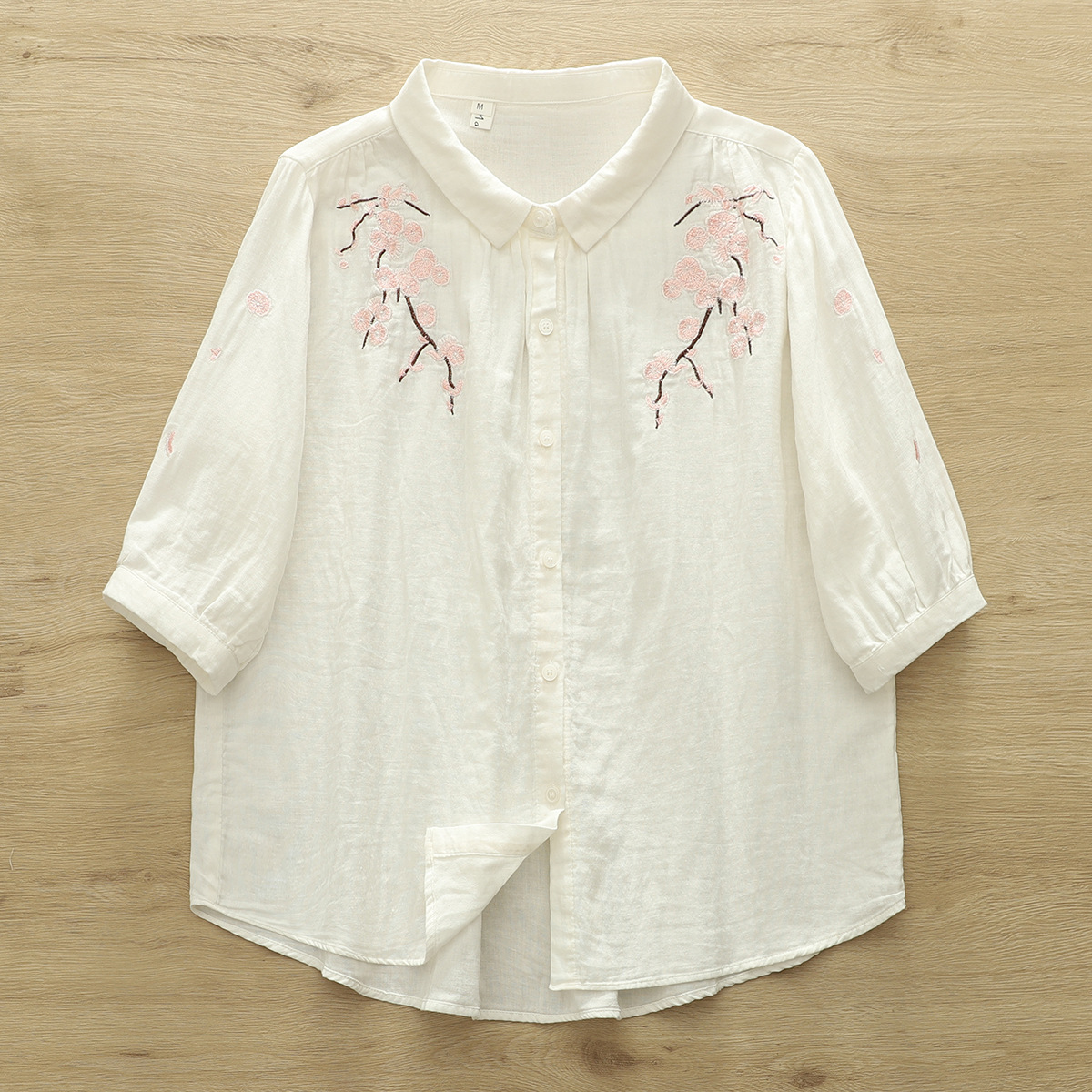 小清新花朵刺绣透气棉纱七分袖衬衫 女2025夏季新款显瘦中袖衬衣