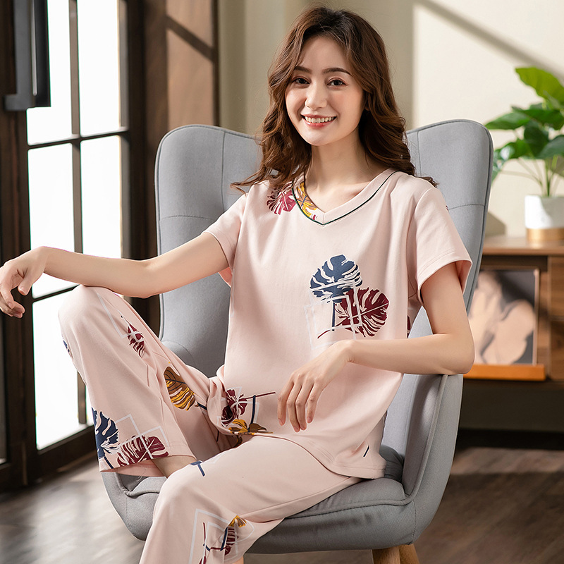 Mother Pajamas Women's Summer Pure Cotton Short-sleeved Trousers Thin Women's Home Clothes Middle-aged and Elderly Mother-in-law and Elderly suit Summer