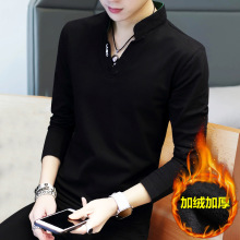 2024冬季t恤V领男士潮流长袖加棉上秋装衣服小衫加绒加厚立领卫衣