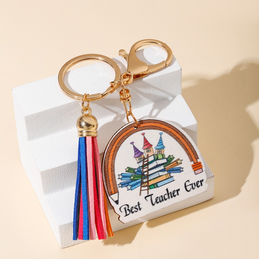 Geometric, Letter, Tassel Pattern Unisex Gender Korean Style Geometric Letter Tassel Wood Teachers' Day Unisex Keychain