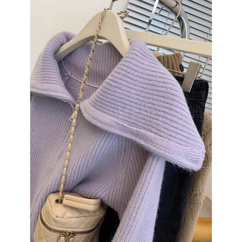 Trece líneas de alta calidad suéter de collar púrpura con cremallera abrigo de mujeres otoño y invierno temperamento perezoso cardigan de punto