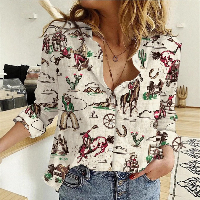 Women's Retro Striped Button Shirt Western Shirt Printed Long Sleeve Shirt