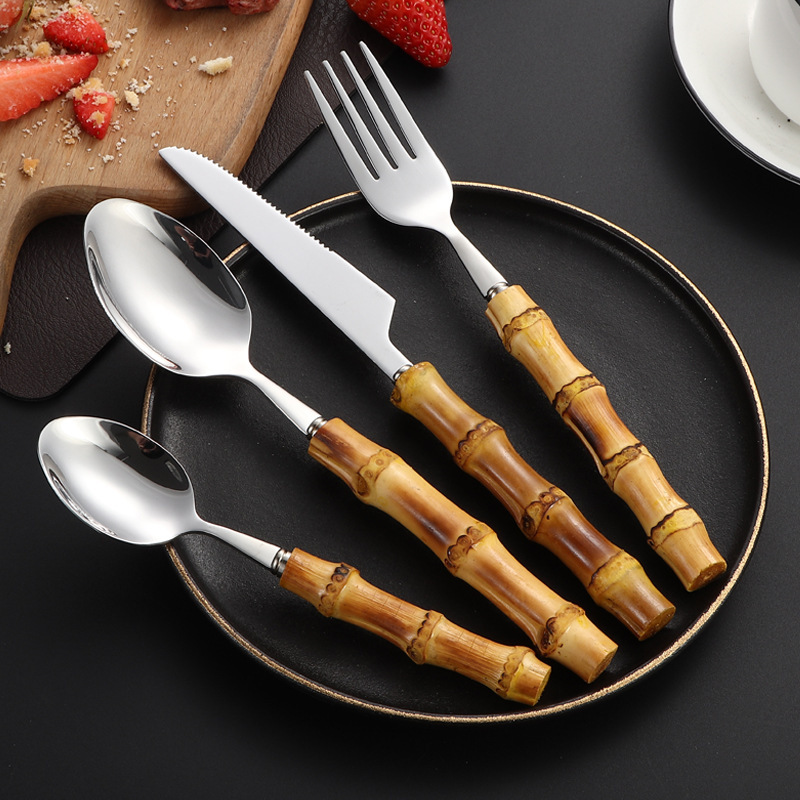 Source Manufacturer Thickened 304 Stainless Steel Western Tableware Set, Spoon, Steak Knife, Natural Bamboo Handle, Wholesale
