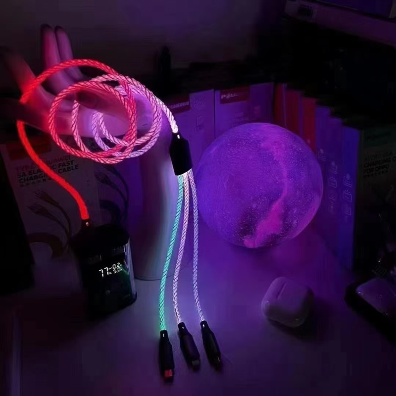 RGB 1-to-3 Data Cable Car-mounted LED Gradient Light Applicable Android Apple Huawei Type-C 3-in-1 Fast Charging Cable