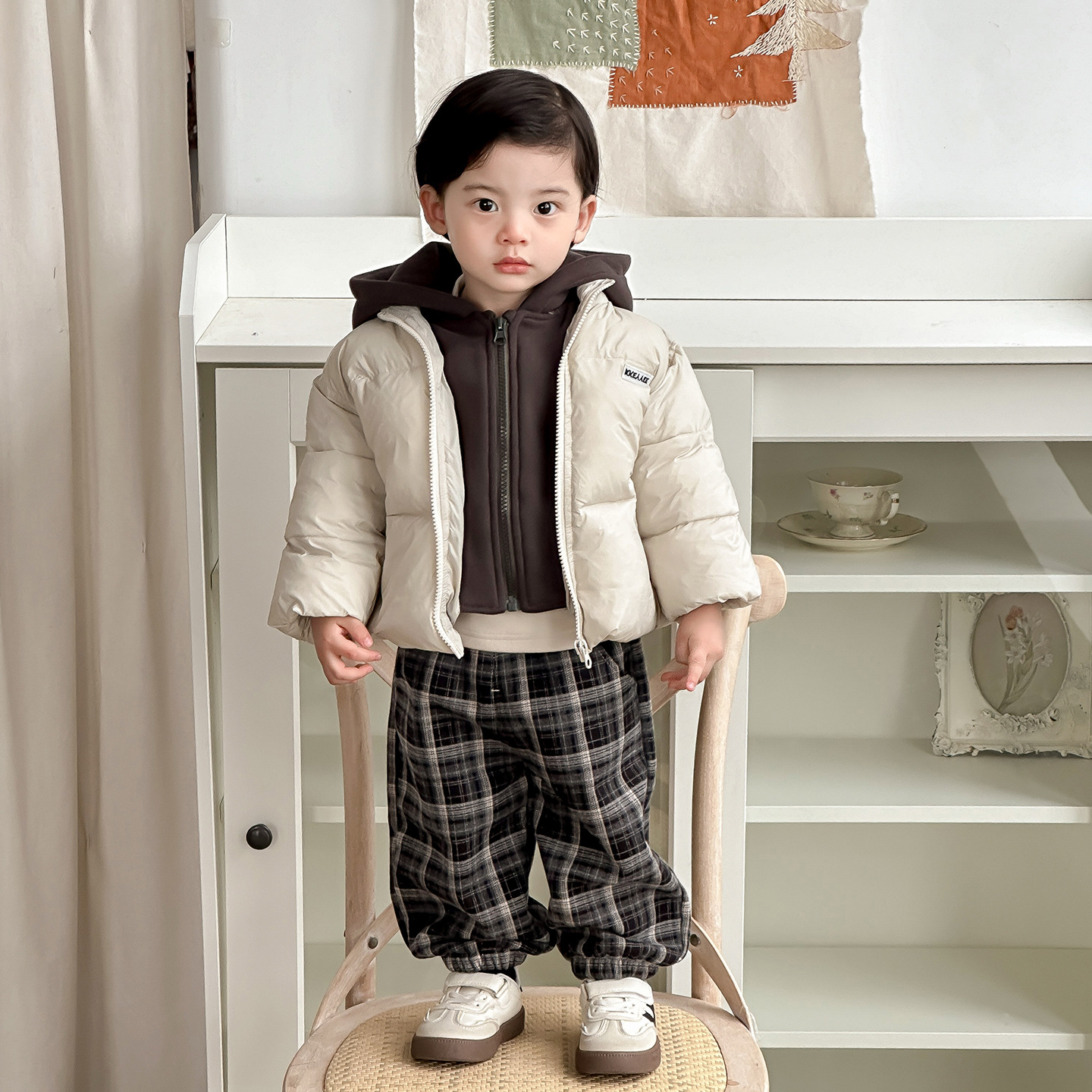 点兮冬季新款婴幼儿假两件加厚棉衣套装宝宝棉服加绒格子裤两件套