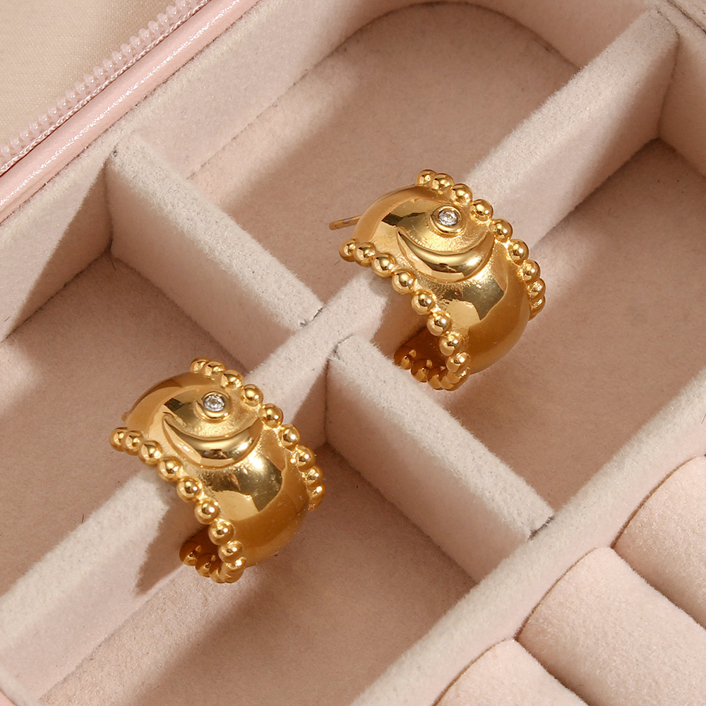 Fashion Geometric Retro 18K Gold Moon Zircon Thick Stainless Steel Earrings