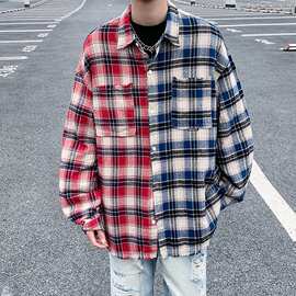 春款美式复古格子衬衫男士春秋2024新款百搭拼色长袖衬衣外套格纹